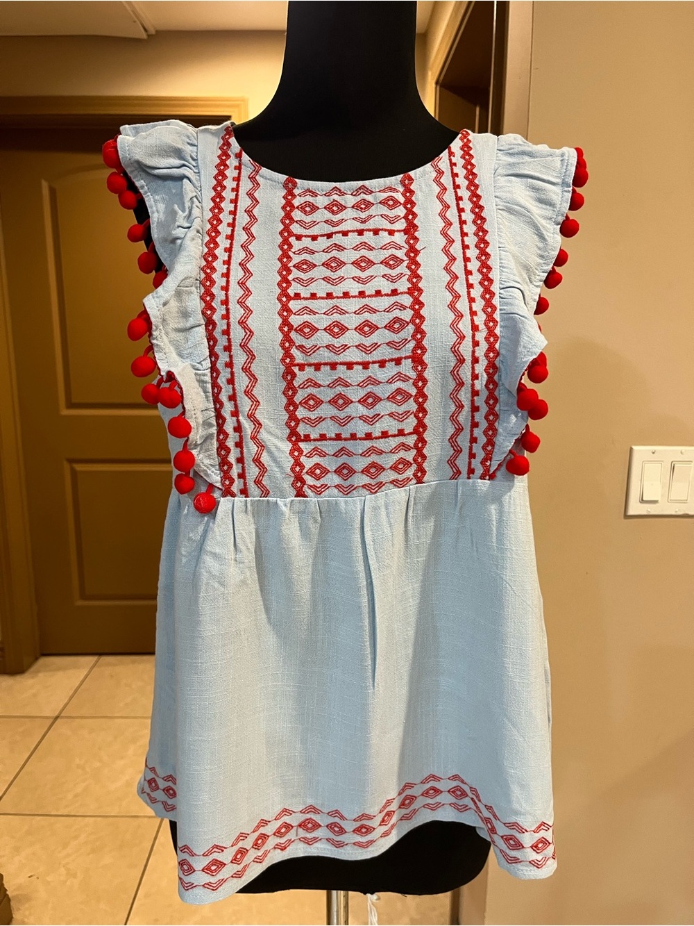 Savanna Jane Light Blue Top with Red Embroidery